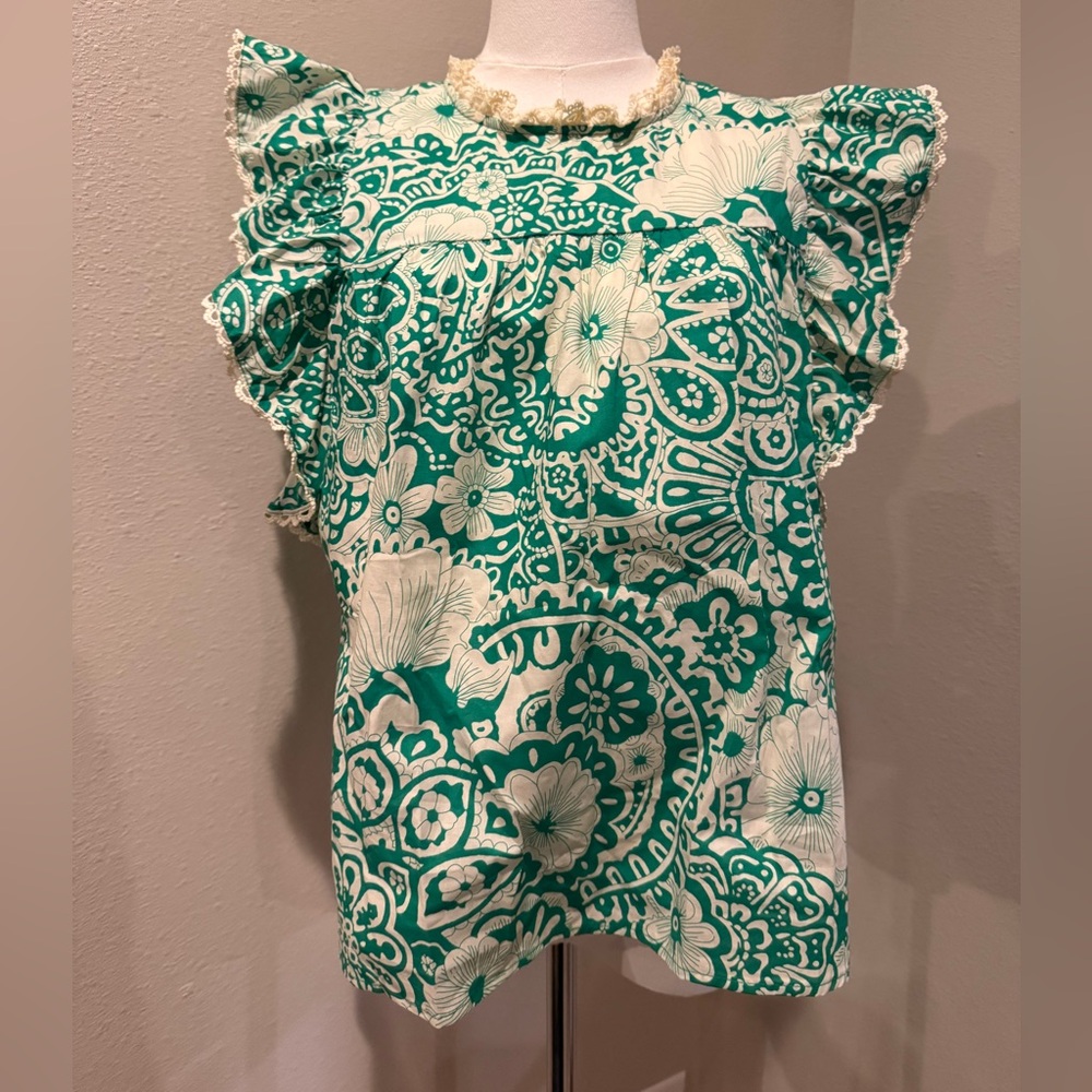 Umgee Green Floral Ruffle Sleeve Blouse | 100% Cotton | Size S